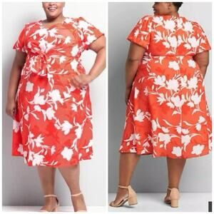 Lane Bryant Women’s Plus Size Floral Front Tie Midi Dress Coral White Size 22